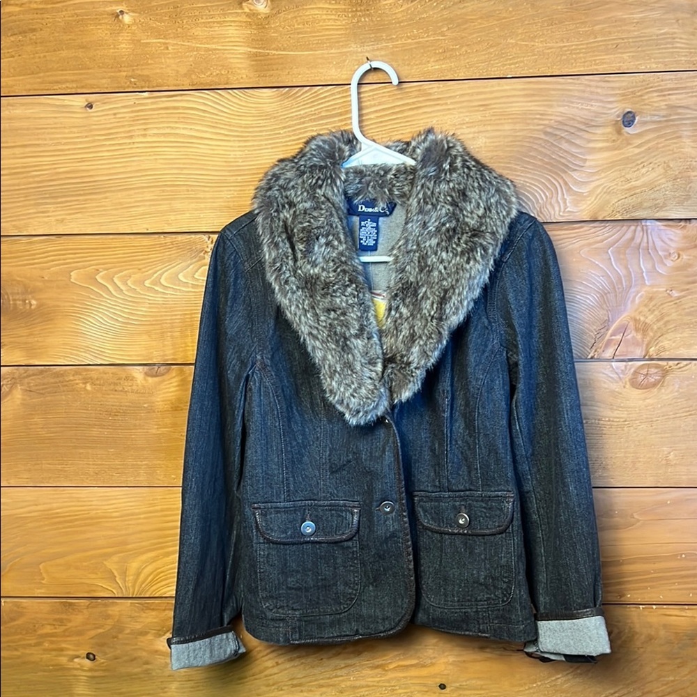 Denim & Co Womens Jacket Jean Blue/brown Faux Fur Trim 2 Pockets sm oversized